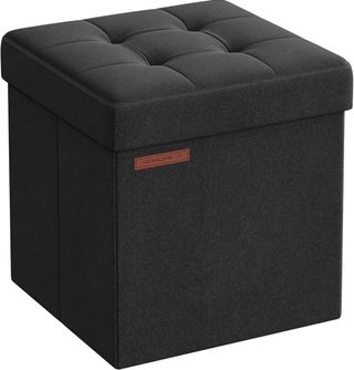 SONGMICS Puff Almacenaje 38 cm, Baúl de Almacenaje, Taburete Reposapiés, Negro LSF27B01