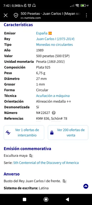 Moneda 500 pts V centenario