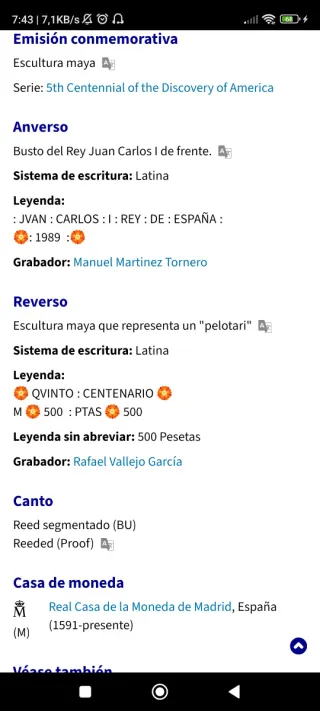 Moneda 500 pts V centenario