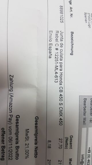 Junta culata Honda 450