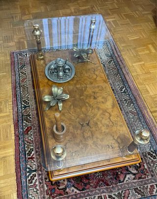 Mesa de centro de madera de raíz y cristal