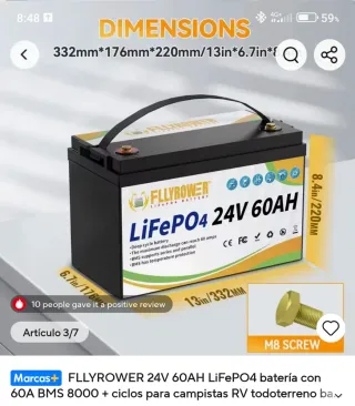 Batería LiFePO4 24V 60AH FLLYROWER con cargador