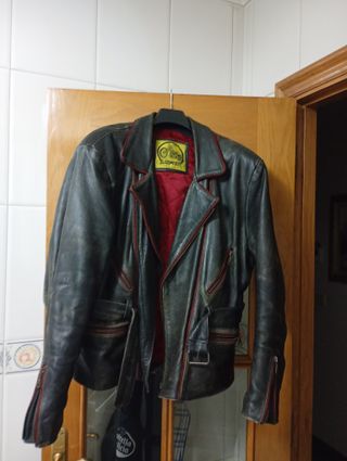 Cazadora Cuero Vintage BLACK POINT Negra Roja