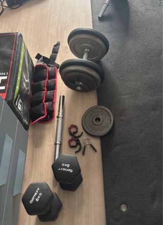 Discos y barra de pesas Preguntar tamaños,cantidad