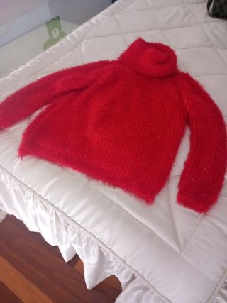 Jersey rojo cuello alto de pelo, con algún brillo