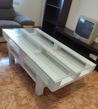 Mesa Palets Blanca con Cristal 160x80x50cm