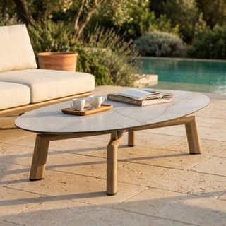 Tavolino Ovale Moderno Alluminio Effetto Legno