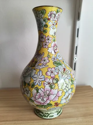 Jarrón Vintage Amarillo Flores Cloisonné