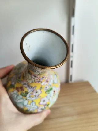 Jarrón Vintage Amarillo Flores Cloisonné