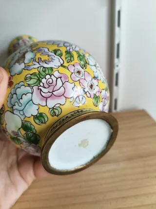 Jarrón Vintage Amarillo Flores Cloisonné