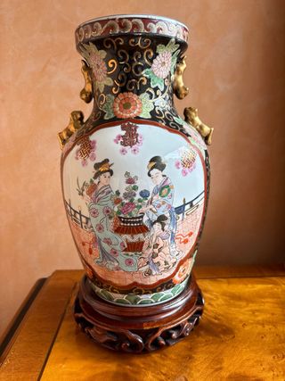 Jarrón Chino Cerámica Madera Dorado