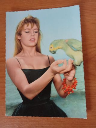 Cartão postal antigo Brigitte Bardot e papagaio