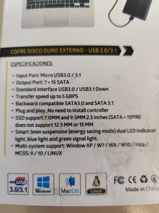 Carcasa Disco Duro SATA SSD USB 3.0/3.1