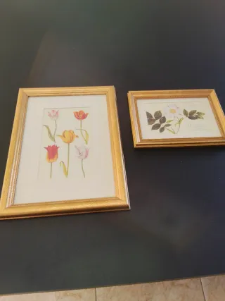 2 Cuadros Flores Marco Dorado