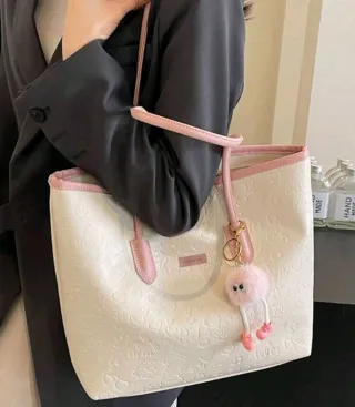 Bolso Tote Femenino Beige y Rosa con Adorno