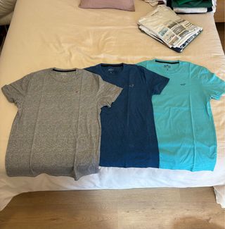 Lote 3 Camisetas Hollister Azul, Gris, Turquesa