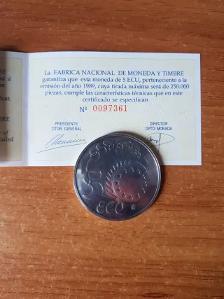 Moneda Plata 5 ECU 1989 Carlos V