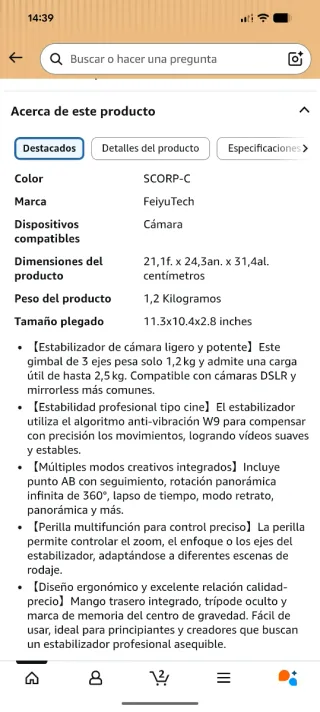 Estabilizador FeiyuTech SCORP-C Gimbal 3 Ejes