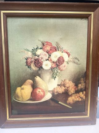 Cuadro antiguo bodegón flores y frutas