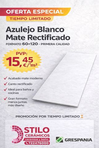 Azulejo Blanco Mate Rectificado 60x120