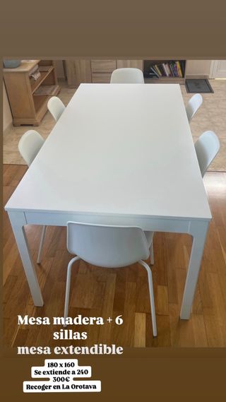 Mesa extensible madera + 6 sillas blancas
