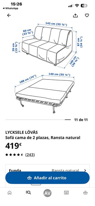 Sofá Cama IKEA Lycksele Lövas 2 Plazas