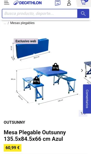 Mesa Plegable Camping Outsunny Azul