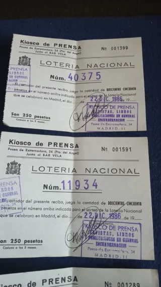 Participaciones de Lotería  Vintage año 1986