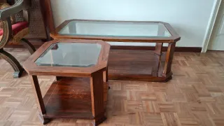 Conjunto mesas auxiliares salón madera y cristal