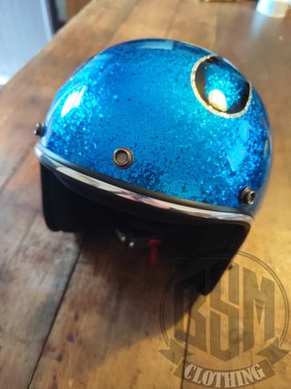 Casco metal flake flames blu