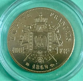 Moneda de oro puro y plata Napoleón III, 1862