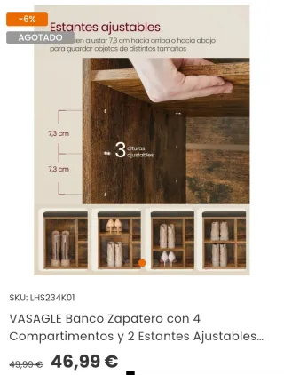 VASAGLE Banco Zapatero con 4 Compartimentos