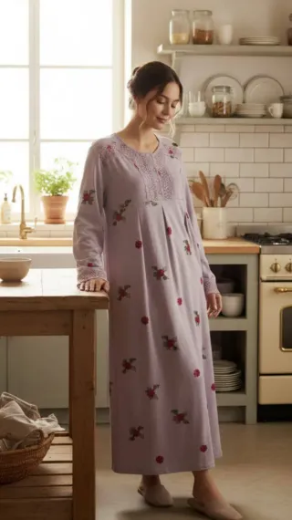 Vestido beige con flores rojas