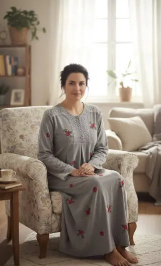 Vestido beige con flores rojas