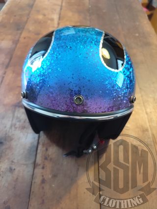 Casco moto custom glitter blu/viola
