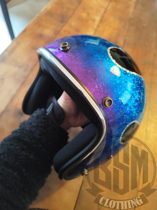 Casco moto custom glitter blu/viola