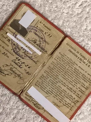 ANTIGUO CARNET MILITANTE F.E. DE LAS JONS AÑO 1940