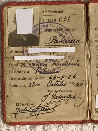 ANTIGUO CARNET MILITANTE F.E. DE LAS JONS AÑO 1940