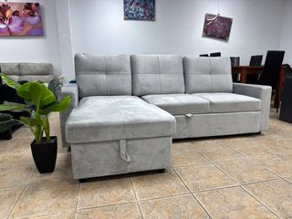 Sofá Cama Gris Terciopelo con Arcón ¡PRECINTADO!