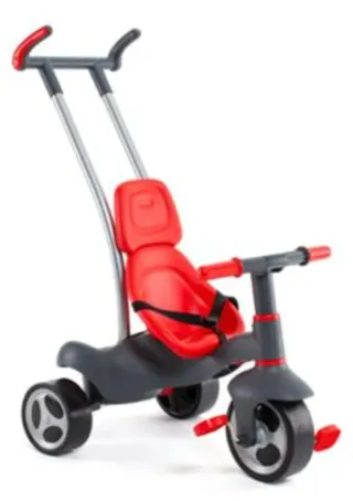 Triciclo infantil con manillar y asiento.