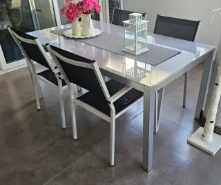 Mesa y 5 Sillas Terraza Jardín Cristal Metal