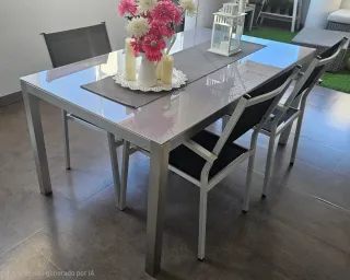 Mesa y 5 Sillas Terraza Jardín Cristal Metal