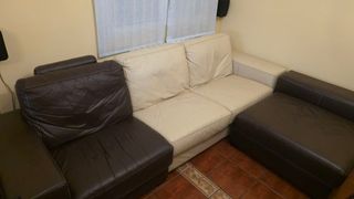 Sofá de cuero modular beige y marrón
