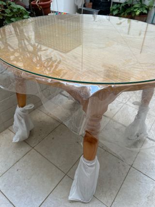 Mesa camilla redonda. Extensible madera y cristal