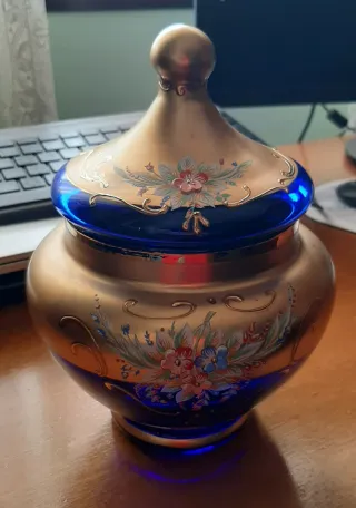 Scatola portagioie Bombonera in vetro Murano blu e dorato