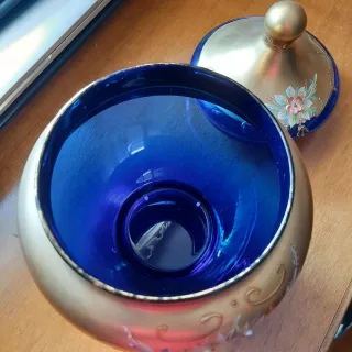 Scatola portagioie Bombonera in vetro Murano blu e dorato