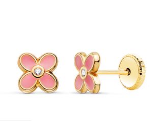 Pendientes Oro 18K Niña Trébol Rosa