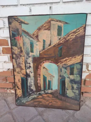 Pintura óleo lienzo callejón pueblo vintage retro