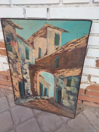 Pintura óleo lienzo callejón pueblo vintage retro