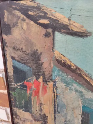 Pintura óleo lienzo callejón pueblo vintage retro